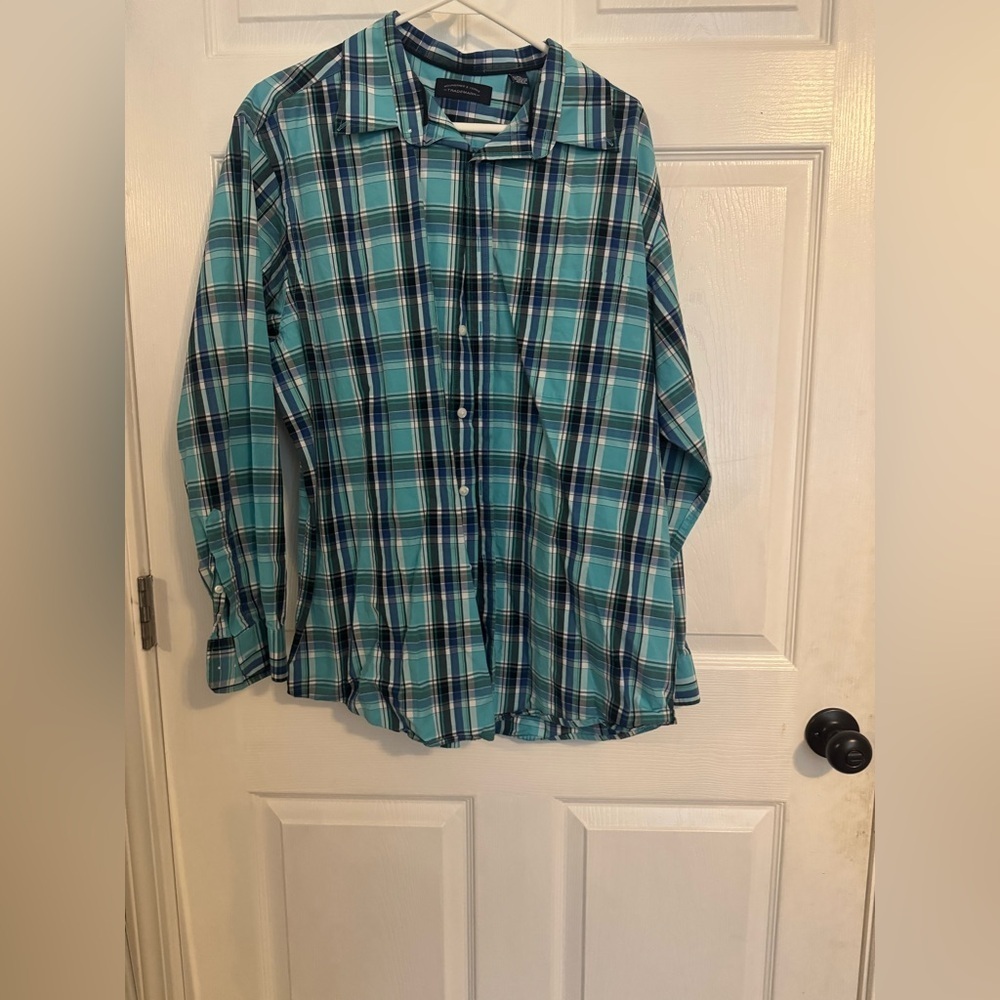 Roundtree & Yorke Men's Teal and Navy Plaid Shirt Size XL